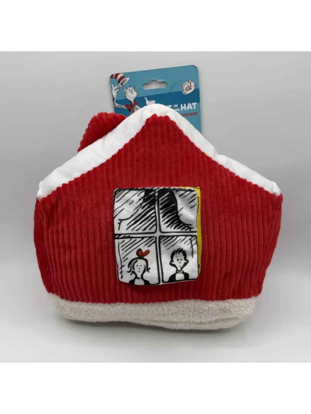 Dr Seuss Cat in the Hat Plush Dog Toy with Squeaker House Red Corduroy Exterior